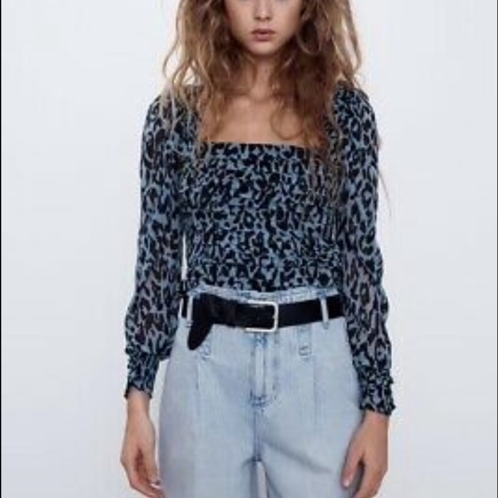 ZARA blue leopard print long sleeve top (small)